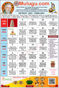 Detroit (City in Michigan) Telugu Calendar 2022 February with Tithi, Nakshatram, Durmuhurtham Timings, Varjyam Timings and Rahukalam (Samayam's)Timings
