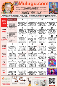 London Telugu Calendar 2022 June with Tithi, Nakshatram, Durmuhurtham Timings, Varjyam Timings and Rahukalam (Samayam's)Timings