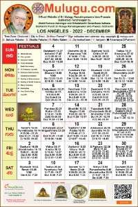 Los-Angeles (USA) Telugu Calendar 2022 December with Tithi, Nakshatram, Durmuhurtham Timings, Varjyam Timings and Rahukalam (Samayam's)Timings
