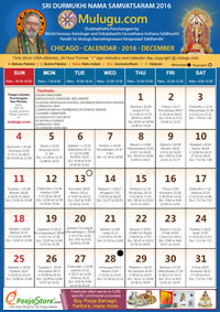 Chicago (USA) Telugu Calendar 2016 December with Tithi, Nakshatram, Durmuhurtham Timings, Varjyam Timings and Rahukalam (Samayam's)Timings