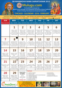 Chicago (USA) Telugu Calendar 2016 February with Tithi, Nakshatram, Durmuhurtham Timings, Varjyam Timings and Rahukalam (Samayam's)Timings