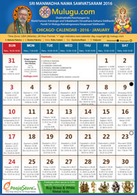 Chicago (USA) Telugu Calendar 2016 January with Tithi, Nakshatram, Durmuhurtham Timings, Varjyam Timings and Rahukalam (Samayam's)Timings