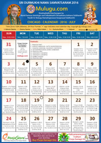 Chicago (USA) Telugu Calendar 2016 July with Tithi, Nakshatram, Durmuhurtham Timings, Varjyam Timings and Rahukalam (Samayam's)Timings