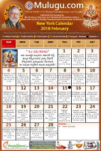 New York  (City in New York (NYC)
 Telugu Calendar 2018 February with Tithi, Nakshatram, Durmuhurtham Timings, Varjyam Timings and Rahukalam (Samayam's)Timings