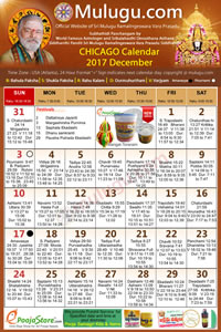 Chicago (USA) Telugu Calendar 2017 December with Tithi, Nakshatram, Durmuhurtham Timings, Varjyam Timings and Rahukalam (Samayam's)Timings