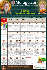 Chicago (USA) Telugu Calendar 2018 January with Tithi, Nakshatram, Durmuhurtham Timings, Varjyam Timings and Rahukalam (Samayam's)Timings