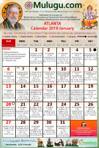 Atlanta (USA) Telugu Calendar 2019 January with Tithi, Nakshatram, Durmuhurtham Timings, Varjyam Timings and Rahukalam (Samayam's)Timings