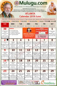 Atlanta (USA) Telugu Calendar 2019 June with Tithi, Nakshatram, Durmuhurtham Timings, Varjyam Timings and Rahukalam (Samayam's)Timings
