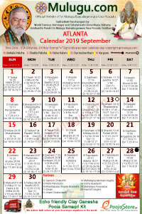 Atlanta (USA) Telugu Calendar 2019 September with Tithi, Nakshatram, Durmuhurtham Timings, Varjyam Timings and Rahukalam (Samayam's)Timings