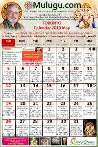 Toronto (Canada) Telugu Calendar 2019 May with Tithi, Nakshatram, Durmuhurtham Timings, Varjyam Timings and Rahukalam (Samayam's)Timings