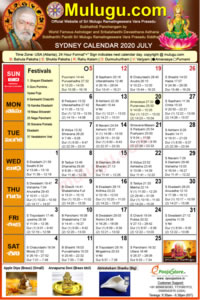 Sydney
(City in New South Wales)Telugu Calendar 2020 July with Tithi, Nakshatram, Durmuhurtham Timings, Varjyam Timings and Rahukalam (Samayam's)Timings