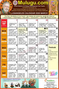 Los-Angeles (USA) Telugu Calendar 2020 March with Tithi, Nakshatram, Durmuhurtham Timings, Varjyam Timings and Rahukalam (Samayam's)Timings