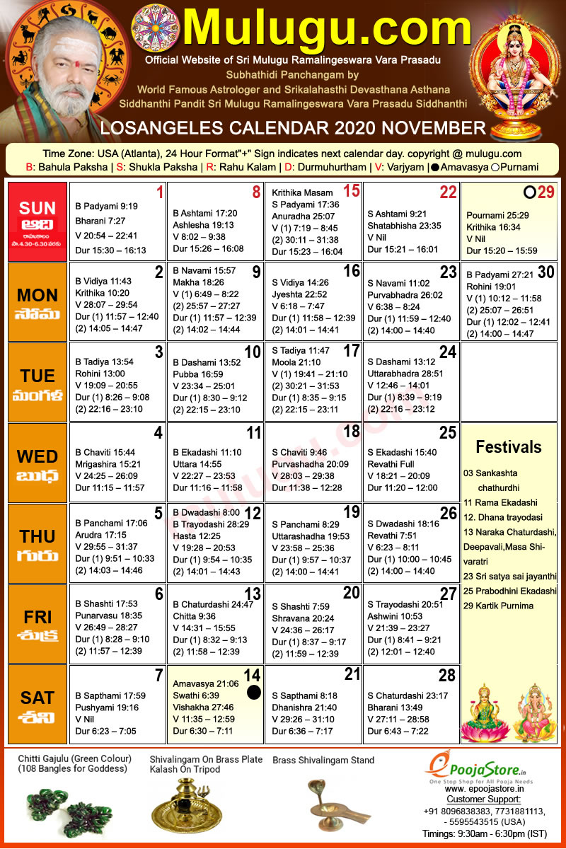Los-Angeles (USA) Telugu Calendar 2020 November with Tithi, Nakshatram, Durmuhurtham Timings, Varjyam Timings and Rahukalam (Samayam's)Timings