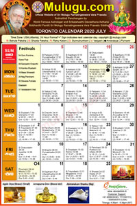 Toronto (Canada) Telugu Calendar 2020 July with Tithi, Nakshatram, Durmuhurtham Timings, Varjyam Timings and Rahukalam (Samayam's)Timings