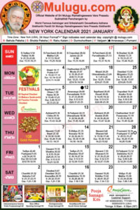 Chicago (USA) Telugu Calendar 2021 January with Tithi, Nakshatram, Durmuhurtham Timings, Varjyam Timings and Rahukalam (Samayam's)Timings