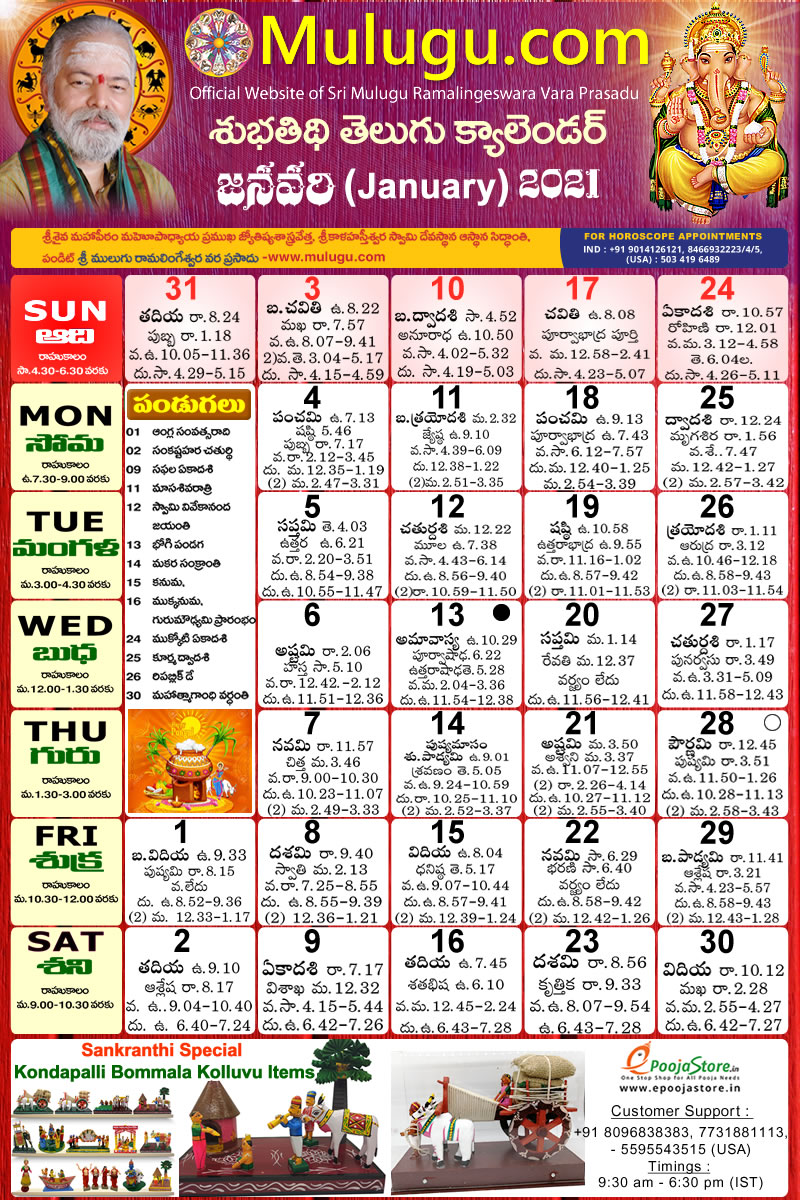 Subhathidi January Telugu Calendar 2021 | Telugu Calendar 2021- 2022