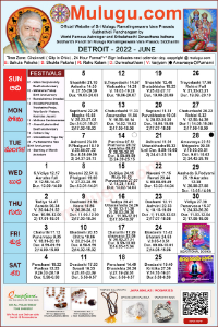 Detroit (City in Michigan) Telugu Calendar 2022 June with Tithi, Nakshatram, Durmuhurtham Timings, Varjyam Timings and Rahukalam (Samayam's)Timings