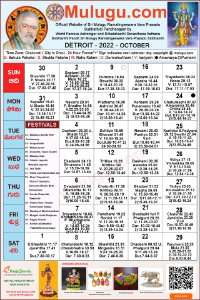 Detroit (City in Michigan) Telugu Calendar 2022 October with Tithi, Nakshatram, Durmuhurtham Timings, Varjyam Timings and Rahukalam (Samayam's)Timings