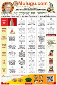 San-Francisco (USA) Telugu Calendar 2022 February with Tithi, Nakshatram, Durmuhurtham Timings, Varjyam Timings and Rahukalam (Samayam's)Timings