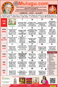 London Telugu Calendar 2022 August with Tithi, Nakshatram, Durmuhurtham Timings, Varjyam Timings and Rahukalam (Samayam's)Timings