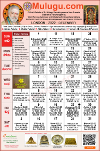 London Telugu Calendar 2022 December with Tithi, Nakshatram, Durmuhurtham Timings, Varjyam Timings and Rahukalam (Samayam's)Timings