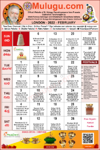London Telugu Calendar 2022 February with Tithi, Nakshatram, Durmuhurtham Timings, Varjyam Timings and Rahukalam (Samayam's)Timings