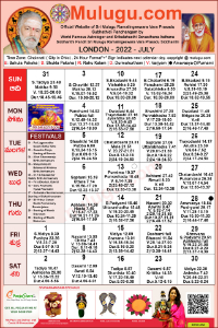 London Telugu Calendar 2022 July with Tithi, Nakshatram, Durmuhurtham Timings, Varjyam Timings and Rahukalam (Samayam's)Timings