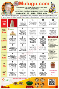 Los-Angeles (USA) Telugu Calendar 2022 February with Tithi, Nakshatram, Durmuhurtham Timings, Varjyam Timings and Rahukalam (Samayam's)Timings