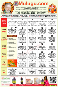 Los-Angeles (USA) Telugu Calendar 2022 January with Tithi, Nakshatram, Durmuhurtham Timings, Varjyam Timings and Rahukalam (Samayam's)Timings