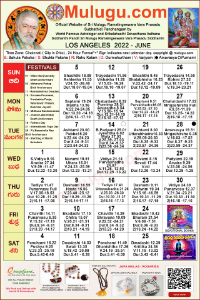 Los-Angeles (USA) Telugu Calendar 2022 June with Tithi, Nakshatram, Durmuhurtham Timings, Varjyam Timings and Rahukalam (Samayam's)Timings