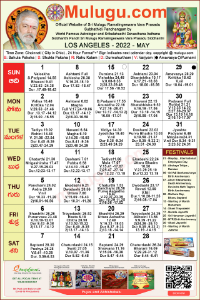 Los-Angeles (USA) Telugu Calendar 2022 May with Tithi, Nakshatram, Durmuhurtham Timings, Varjyam Timings and Rahukalam (Samayam's)Timings