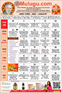 Chicago (USA) Telugu Calendar 2022 January with Tithi, Nakshatram, Durmuhurtham Timings, Varjyam Timings and Rahukalam (Samayam's)Timings