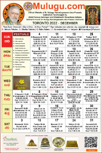 Toronto (Canada) Telugu Calendar 2022 December with Tithi, Nakshatram, Durmuhurtham Timings, Varjyam Timings and Rahukalam (Samayam's)Timings