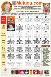 Toronto (Canada) Telugu Calendar 2022 November with Tithi, Nakshatram, Durmuhurtham Timings, Varjyam Timings and Rahukalam (Samayam's)Timings