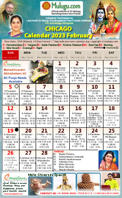 Chicago (USA) Telugu Calendar 2023 February with Tithi, Nakshatram, Durmuhurtham Timings, Varjyam Timings and Rahukalam (Samayam's)Timings