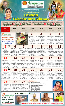 London Telugu Calendar 2023 February with Tithi, Nakshatram, Durmuhurtham Timings, Varjyam Timings and Rahukalam (Samayam's)Timings