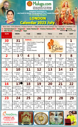 London Telugu Calendar 2023 July with Tithi, Nakshatram, Durmuhurtham Timings, Varjyam Timings and Rahukalam (Samayam's)Timings