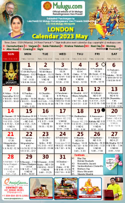 London Telugu Calendar 2023 May with Tithi, Nakshatram, Durmuhurtham Timings, Varjyam Timings and Rahukalam (Samayam's)Timings