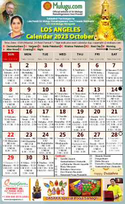 Los-Angeles (USA) Telugu Calendar 2023 October with Tithi, Nakshatram, Durmuhurtham Timings, Varjyam Timings and Rahukalam (Samayam's)Timings