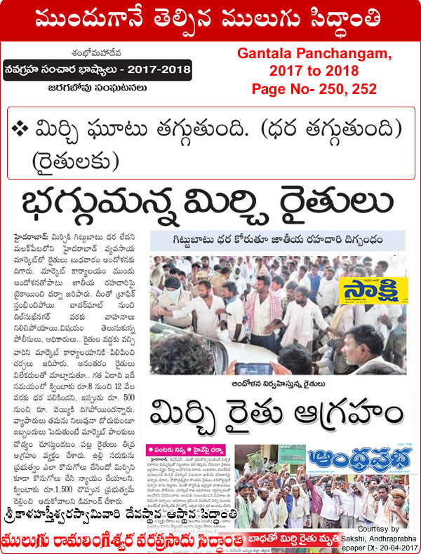 Predicted by Mulugu Ramalingeshwara Varaprasad Siddhant in his Shubhatithi Panchangam 2017-2018 Mirchi Farmers Strike In KhammamBhadradri Kothagudem, Demands For Minimum Support Price, Mirchi farmers in chaos in Telangana by media sources Sakshi Andhra Prabha.